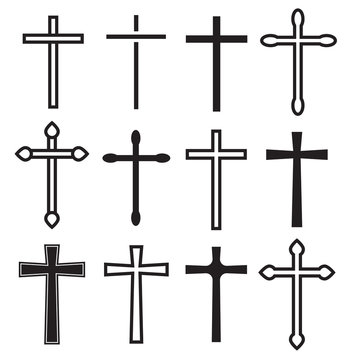 Christian cross icons. Vector line black christian cross