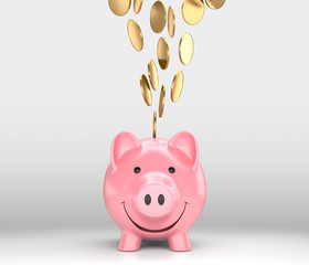 Pink piggy bank and Golden coins on white background.3D rendering