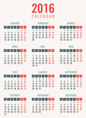 Calendar for 2016. Week Starts Monday. Simple Vector Template