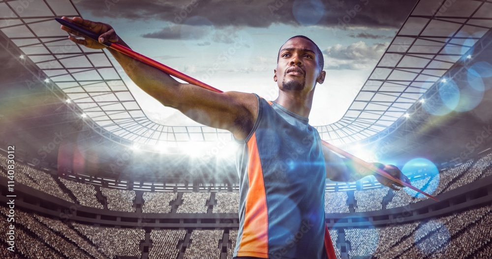 Poster composite image of sportsman is practising javelin throw