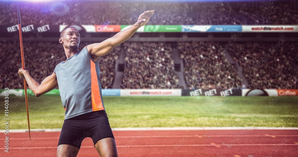 Poster composite image of sportsman practising the javelin throw