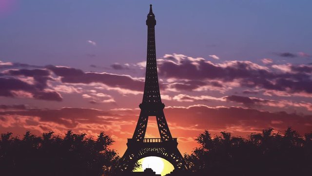 4 in 1! Beautiful view of the Eiffel Tower against the background of sunset. Time lapse
