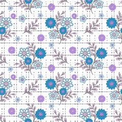 Floral seamless vintage pattern.Stylized silhouettes of flowers and branch on a white background pattern . blue, lilac flowers and leaves