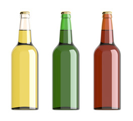 Bottled beer yellow, green and red colors. 3D rendering.