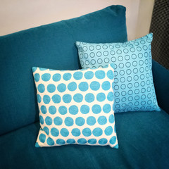 Stylish cushions decorating blue sofa