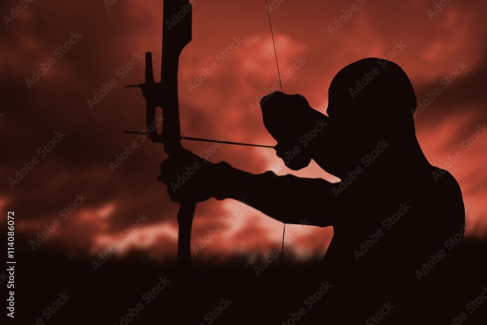Poster composite image of close up view of man practicing archery