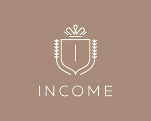 Elegant monogram letter I logotype. Premium crest logo design. Shield, royal crown symbol. Print, t-shirt shape.