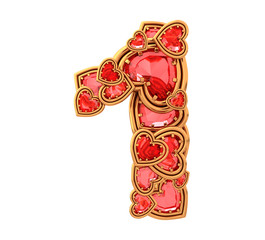 Ruby heart in gold font
