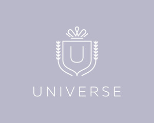 Elegant monogram letter U logotype. Premium crest logo design. Shield, royal crown symbol. Print, t-shirt shape.