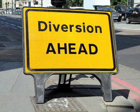Diversion Ahead sign on a street in London, United Kingdom