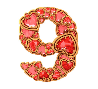 Ruby heart in gold font
