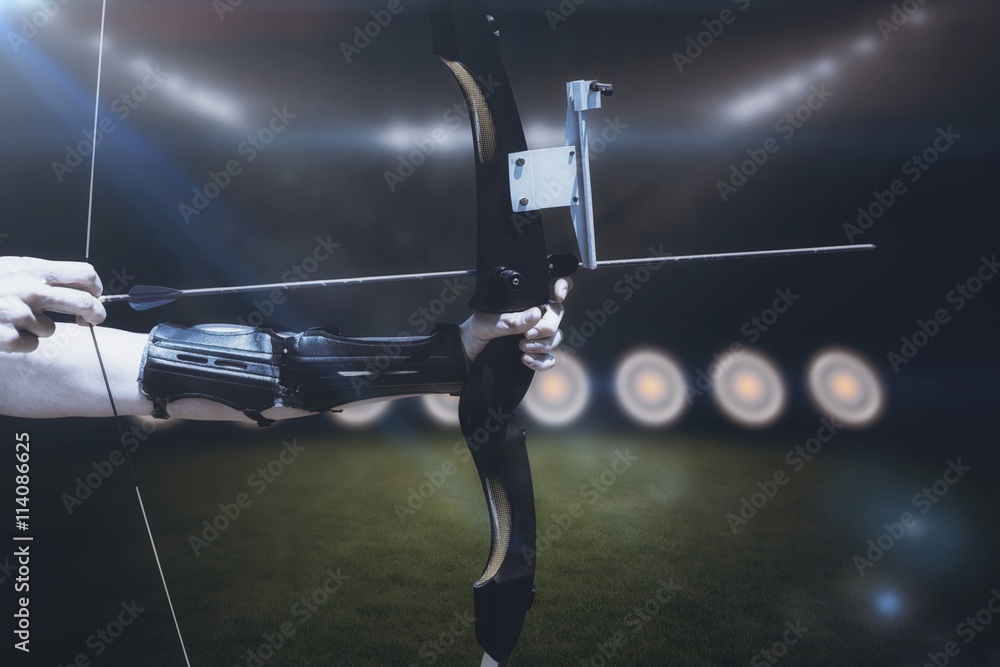 Poster composite image of close up of someone practising archery