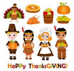 A group of kids - Indians and Pilgrims - sharing food for Thanksgiving