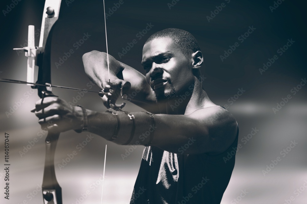 Poster composite image of facing view of man practicing archery
