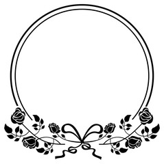 Round black and white frame with roses silhouettes. Vector clip art.