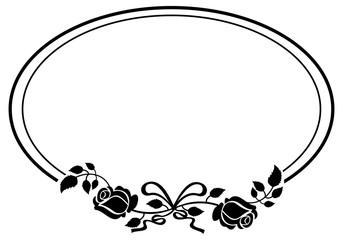 Oval black and white frame with roses silhouettes. Vector clip art.