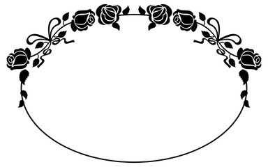Oval black and white frame with roses silhouettes. Vector clip art.