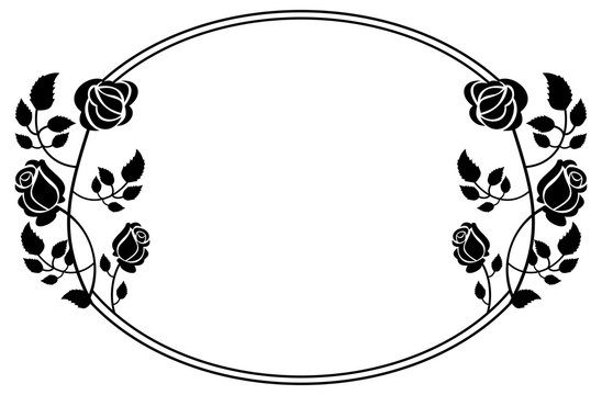 Oval black and white frame with roses silhouettes. Vector clip art.