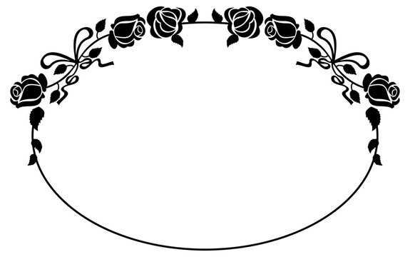 Oval black and white frame with roses silhouettes. Vector clip art.