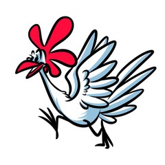 White rooster runs cartoon illustration isolated image animal character 