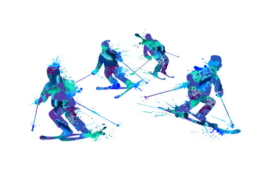 Mountain skiers. Spray paint on a white background