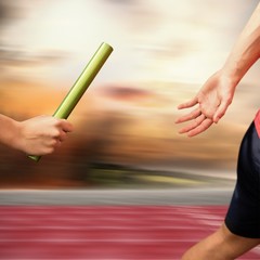 Composite image of athlete passing a baton to the partner