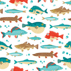 Colorful fish, vector seamless pattern