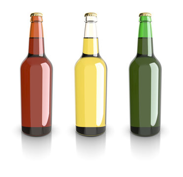 Bottled beer yellow, green and red colors. 3D rendering.