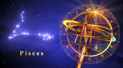 Armillary Sphere And Constellation Pisces Over Blue Background