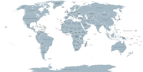 World political map. Detailed map of the world with shorelines, national borders and country names. Robinson projection, english labeling, grey illustration on white background.