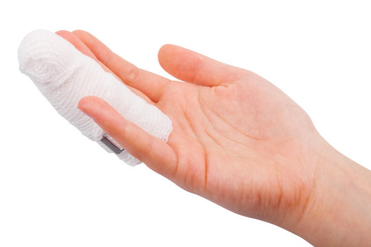 
Injured finger with  bandage isolated on white background