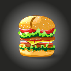 Cartoon burger. Cheeseburger or hamburger icon for fastfood restaurant. Vector illustration. Black background