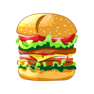 Cartoon burger. Cheeseburger or hamburger icon for fastfood restaurant. Vector illustration. White background