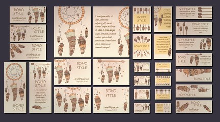 Vector set of abstract ethnic flyers with arrows, dreamcatcher, feather frames. Boho design brochure templates.