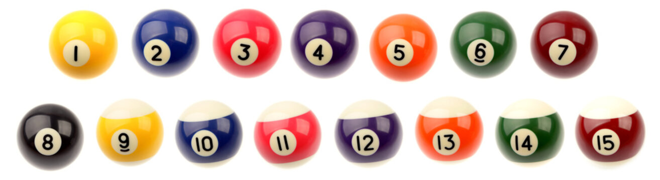 Fifteen pool snooker balls on plain background