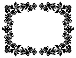 Horizontal black and white frame with roses silhouettes. Vector clip art.