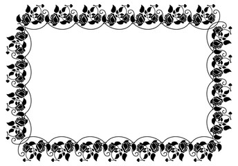 Horizontal black and white frame with roses silhouettes. Vector clip art.