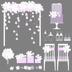 Vector set of decorative wedding elements. Chairs, arch, cake,  flowers, bouquet, gifts. Vector illustration