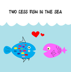 two less fish in the sea wedding invitation card vector. cute graphic cartoon ocean fish wedding greeting card illustration. valentine card with two fish in the sea.