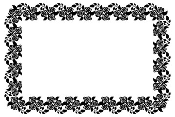 Horizontal black and white frame with roses silhouettes. Vector clip art.