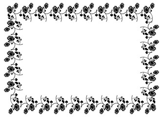 Horizontal black and white frame with roses silhouettes. Vector clip art.