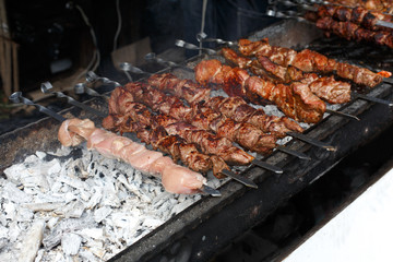 Beef and chicken kebab. Fresh meat at grill, bbq