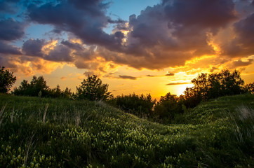 Obraz premium Summer sunrise over the hills in the Volga delta