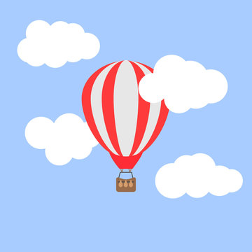 Hot air balloon in the cloudy sky. Vector illustration