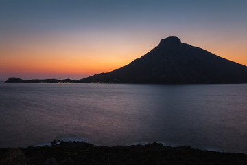 Sunset on Telendos Greek island of Dodecanese archipelago in Aegean sea