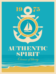Fototapeta premium banner with an anchor and helm, sailing yacht, and the authentic spirit of the inscription against the background seascape with beach