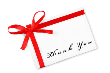 Card decorated with bow and text Thank You isolated on white