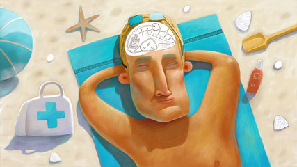 The illustration of a medicine doctor resting on the beach thinking of his work.