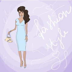 Beautiful fashion woman in blue dress. Fashion Glamour style. V