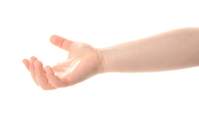 Child's hand gesturing, isolated on white